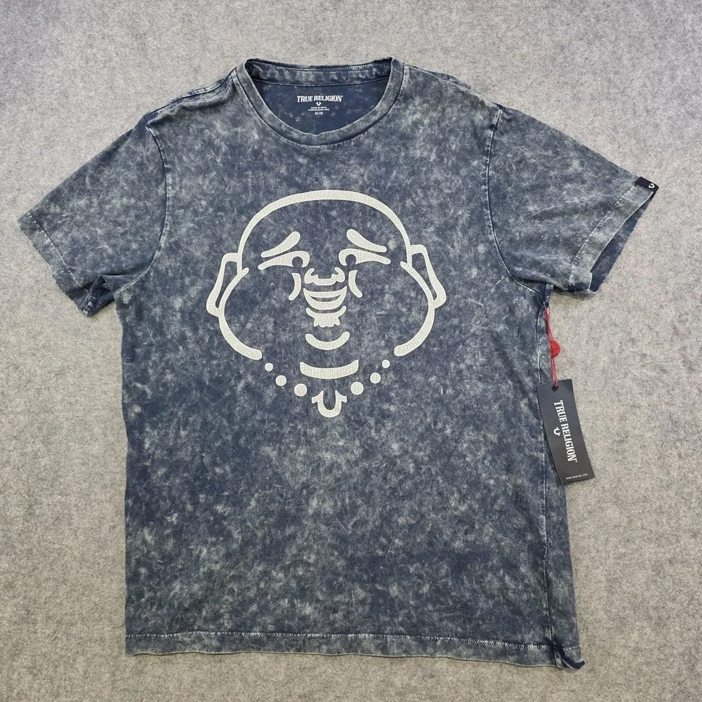 True Religion Shirt Mens XL Blue Buddha Acid Wash Crewneck Graphic Tee Logo